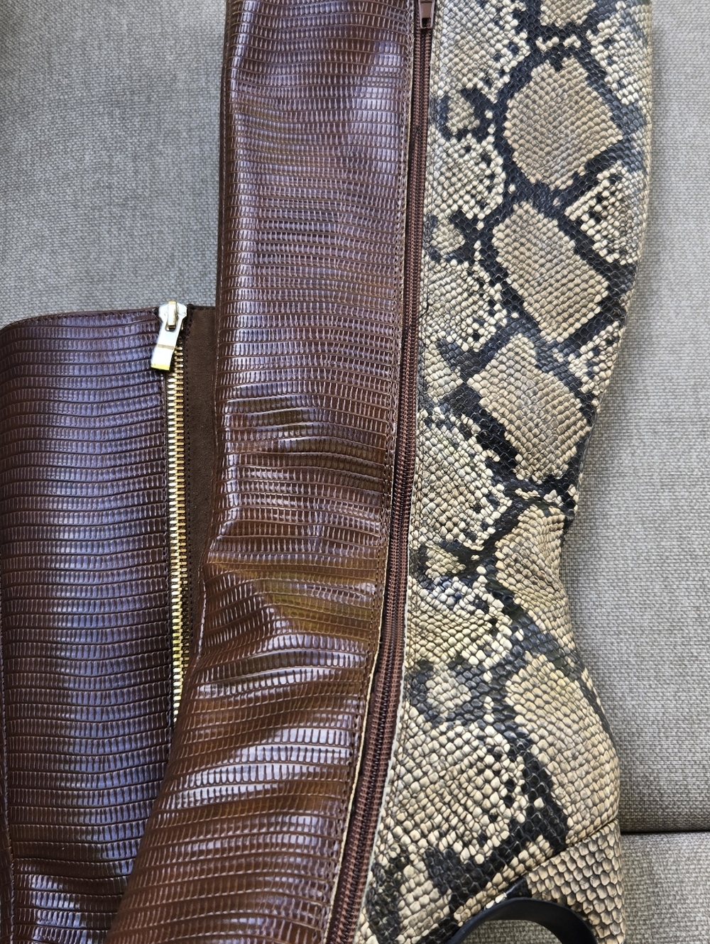 Shoe Dazzle Kioni Brown Snakeskin-Print Knee Boots with Gold Zip - Picture 9 of 16